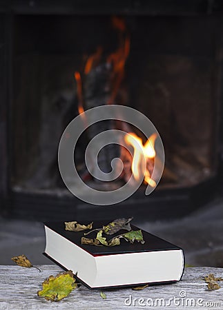 Book on a table lying in front of a fireplace