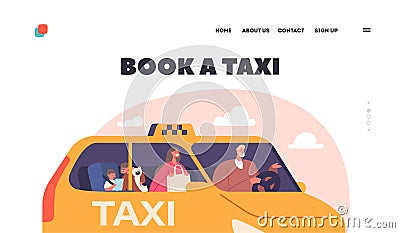 Book a Taxi Landing Page Template. Family Characters Mother and Children Using Taxi Automobile Transportation Service Vector Illustration