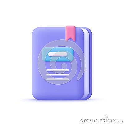 Book, Textbook with bookmark. 3d vector icon. Vector Illustration