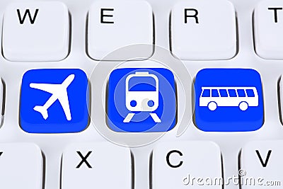 Book a trip travel online on internet with bus, airplane or train Stock Photo