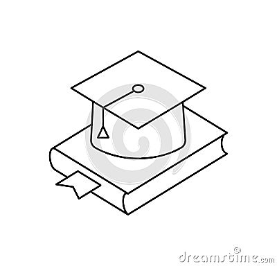 Book with vector graduation cap. Education icon, academic university hat illustration. Editable vector stroke. Pixel Vector Illustration