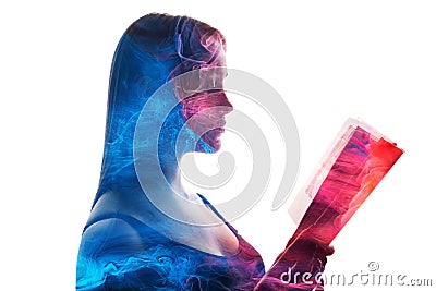 Book wisdom color mist reading woman silhouette Stock Photo