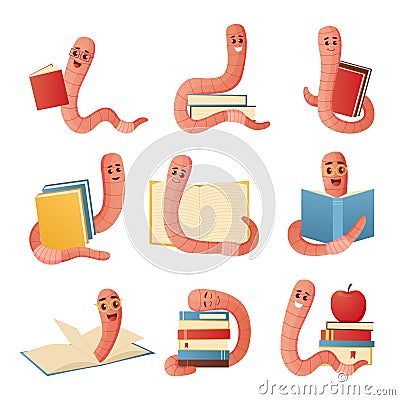 Book worm. Cartoon character in glasses with piles of textbooks. Cute earthworm education mascot with funny face. Isolated Vector Illustration