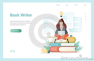 Book writer concept. Woman sitting with laptop Vector Illustration