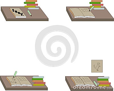 book writing and drawing in the wood with other books beside it art and design object Vector Illustration