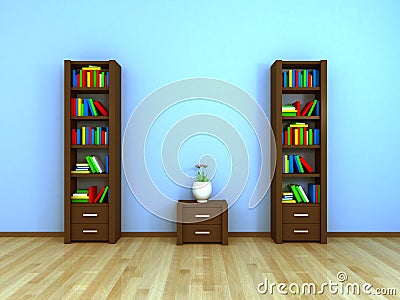 Bookcases and nightstand at the wall Stock Photo