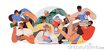 Bookcrossing concept. Happy people exchanging, borrowing and recommending paper books. Group of man and woman reading Vector Illustration