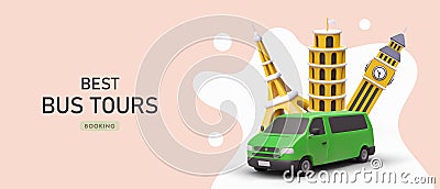Booking best bus tours. Comfortable passenger transportation Vector Illustration
