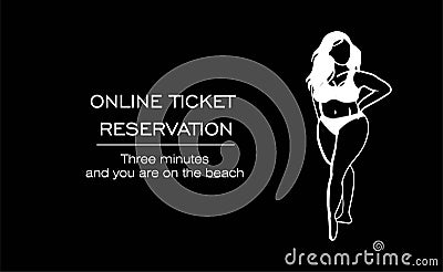 Booking and buying tickets online. ONLINE SERVICE OF TOURIST SERVICES. Journey. black woman in a swimsuit Vector Illustration