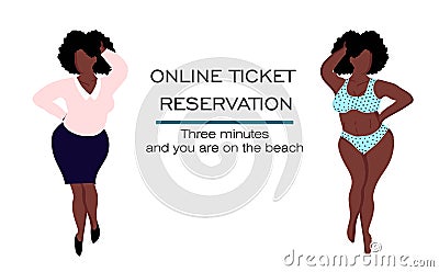 Booking and buying tickets online. ONLINE SERVICE OF TOURIST SERVICES. Journey. black woman in a swimsuit Vector Illustration