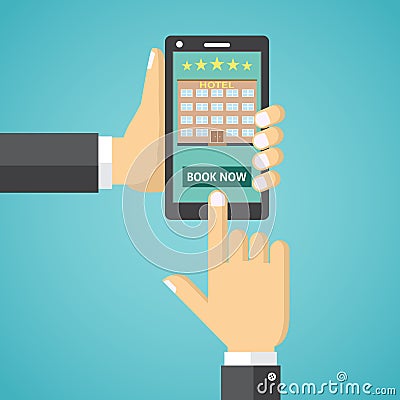 Booking a hotel room on a mobile device. Vector Illustration