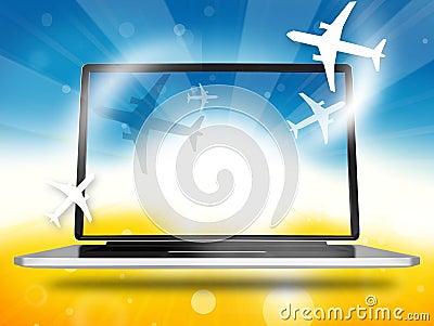 Booking Planes Laptop Cartoon Illustration