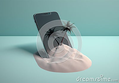 holiday sand palm cyber summer up mock creative sea phone concept. Generative AI. Stock Photo