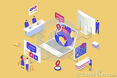 Booking service concept in 3d isometric design. Travel agency offers destinations for recreation, routes for tourists, hotel and Vector Illustration