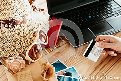 Booking summer vacation online traveling tourism Stock Photo