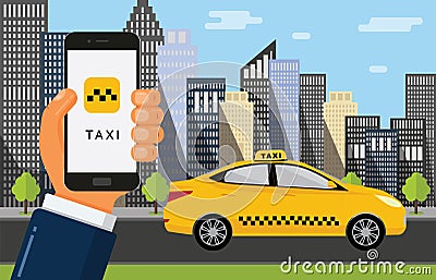 Booking taxi cab via mobile app. Vector Illustration