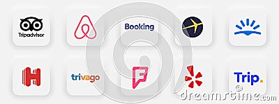 Bookings App logo vector set : Tripadvisor, Booking.com, Airbnb, Expedia, Trivago, Yelp, Trip, Skyscanner , Foursquare, Hotel.com Vector Illustration