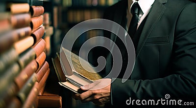 Bookish choices Businessman or student with book in library setting Stock Photo