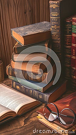 Bookish elegance Antique hardback books displayed on wooden table Stock Photo