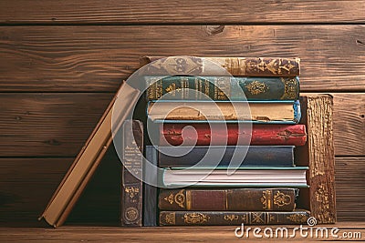 Bookish elegance Antique hardback books displayed on wooden table Stock Photo