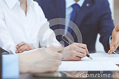 Bookkeepers team or financial inspectors making report, calculating or checking balance. Group of people at work Stock Photo