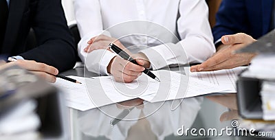 Bookkeepers team or financial inspectors making report, calculating or checking balance. Group of people at work Stock Photo