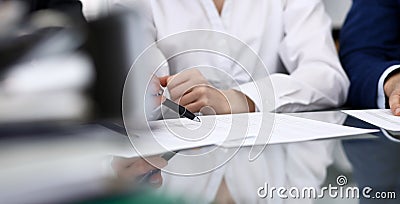 Bookkeepers team or financial inspectors making report, calculating or checking balance. Group of people at work Stock Photo