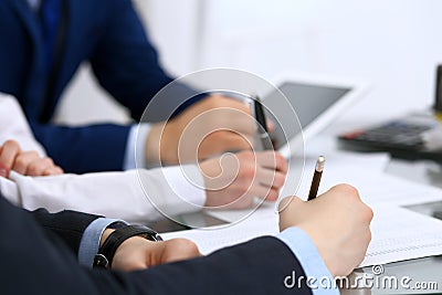 Bookkeepers team or financial inspectors making report, calculating and checking balance. Tax service financial documen Stock Photo