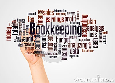 Bookkeeping word cloud and hand with marker concept Stock Photo