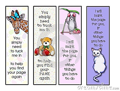 Bookmarks for Kids, Giraffe, Mouse, Teddy Bear, Kitten Cartoon Illustration