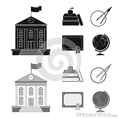 Books, an apple, a compass with a circle, a diploma with a seal, a globe. School set collection icons in black,monochrom Vector Illustration