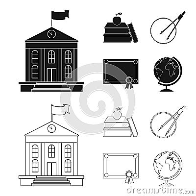 Books, an apple, a compass with a circle, a diploma with a seal, a globe. School set collection icons in black,outline Vector Illustration