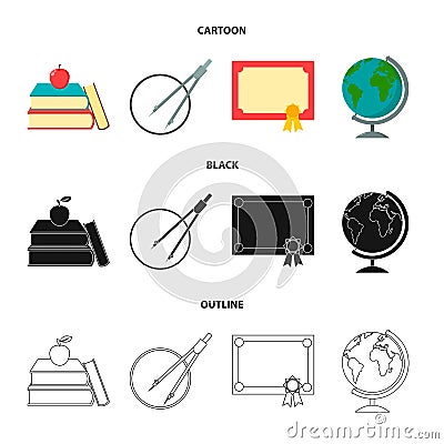 Books, an apple, a compass with a circle, a diploma with a seal, a globe. School set collection icons in cartoon,black Vector Illustration