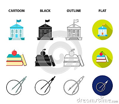 Books, an apple, a compass with a circle, a diploma with a seal, a globe. School set collection icons in cartoon,black Vector Illustration