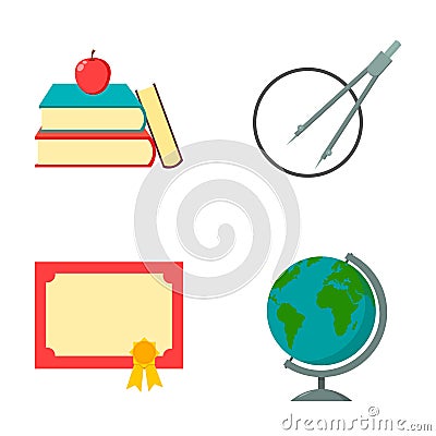 Books, an apple, a compass with a circle, a diploma with a seal, a globe. School set collection icons in cartoon style Vector Illustration