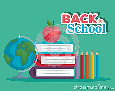 books with apple fruit and global map with pencils colors Cartoon Illustration