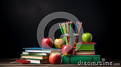 books apple and pencils on the table Stock Photo