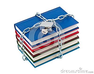 Books in chains closed padlock. Stock Photo