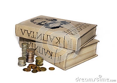 Books of Charles Marx and the russian coins Stock Photo