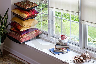 Books, Coffee and Cookies for Reading Time Concept Stock Photo