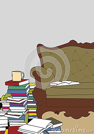 Books piled up by a sofa Stock Photo