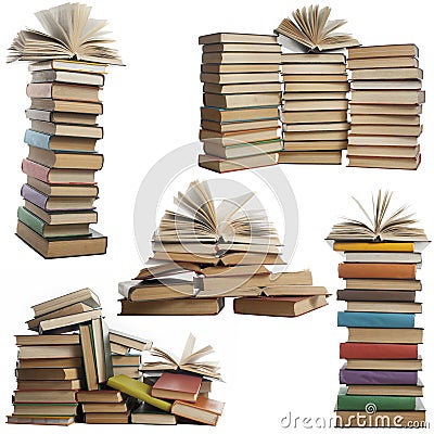 Books collection isolated on white background. Open, hardback book. Stock Photo