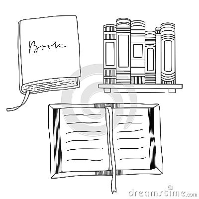 Books collection in linear hand drawn style. Bookshelf illustration Vector Illustration