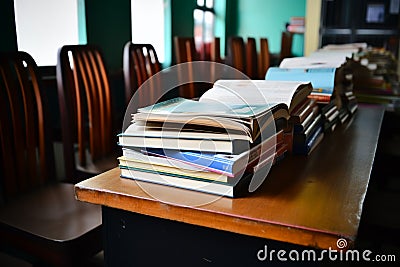 Books on a desk in a school library. Selective focus Stock Photo