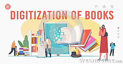 Books Digitization Landing Page Template. Librarian Characters Scanning Paper Pages Converting Information in Library Vector Illustration