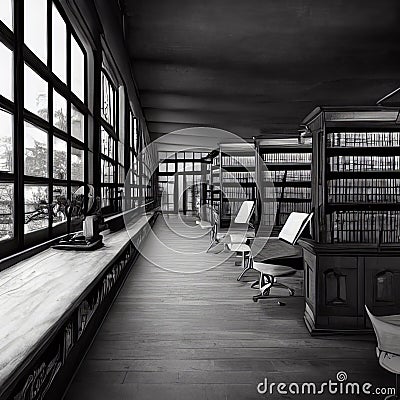 Books in the empty Library. AI Stock Photo