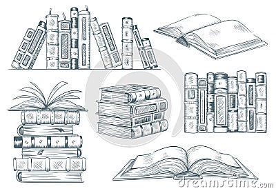 Books engraving. Vintage open book engrave sketch drawn. Hand drawing student reading textbook vector illustration Cartoon Illustration