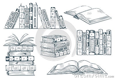 Books engraving. Vintage open book engrave sketch drawn. Hand drawing student reading textbook vector illustration Vector Illustration