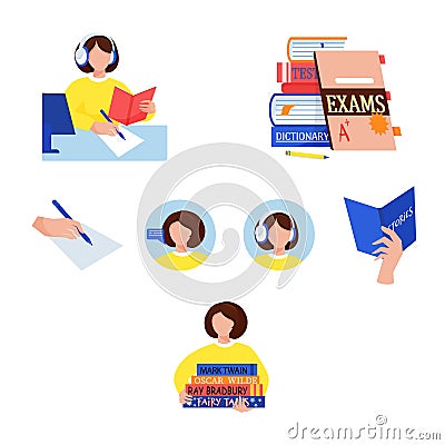 Books, fiction and textbooks store. Language skills reading, listening, speaking and writing. Simple colored graphic Vector Illustration