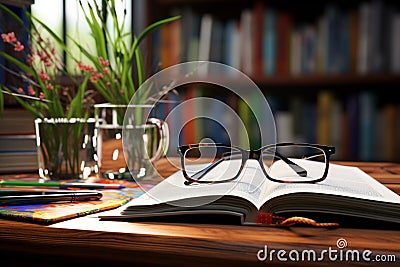 Books and glasses on a wooden desk create a study scene Stock Photo